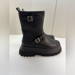 ASOS Design Chunky Leather Platform Zip & Buckle Boots Black Sz 10